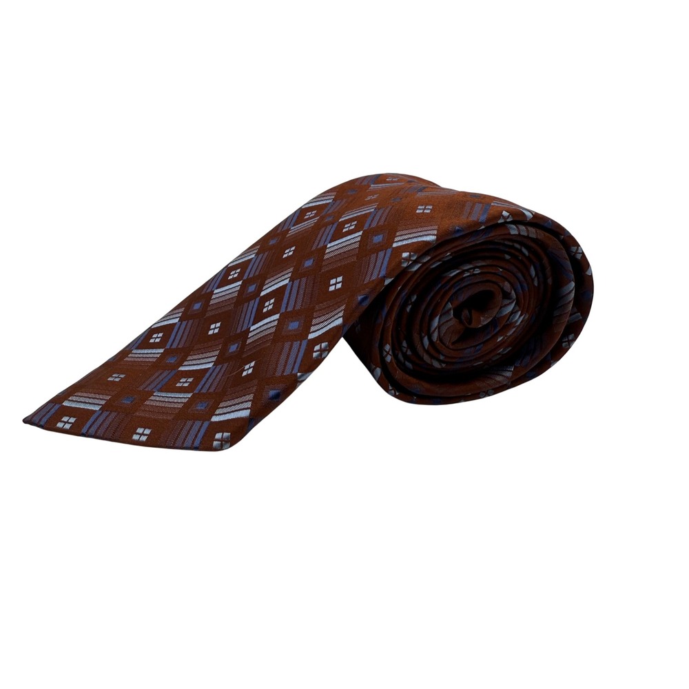 Pronto Uomo Couture Silk Geometric‎ Pattern Tie Mens Brown Blue